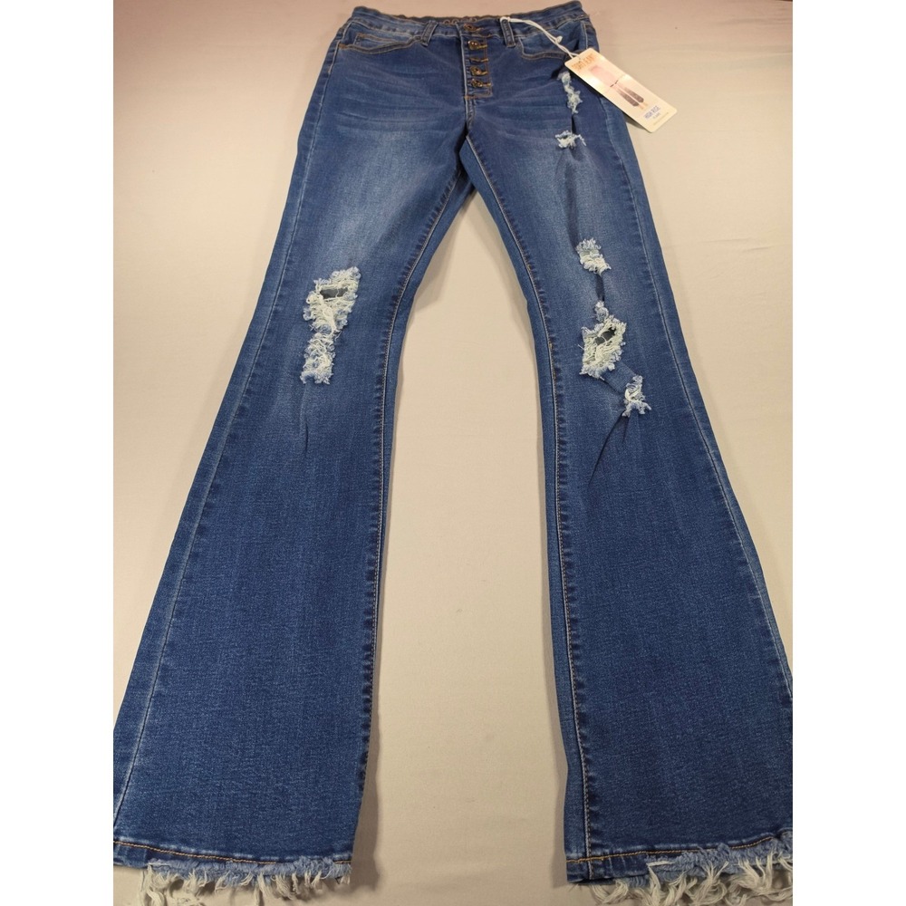GOGO Jeans Womens High Rise Flare Distressed Exposed Button Chew Hem Size 9/29